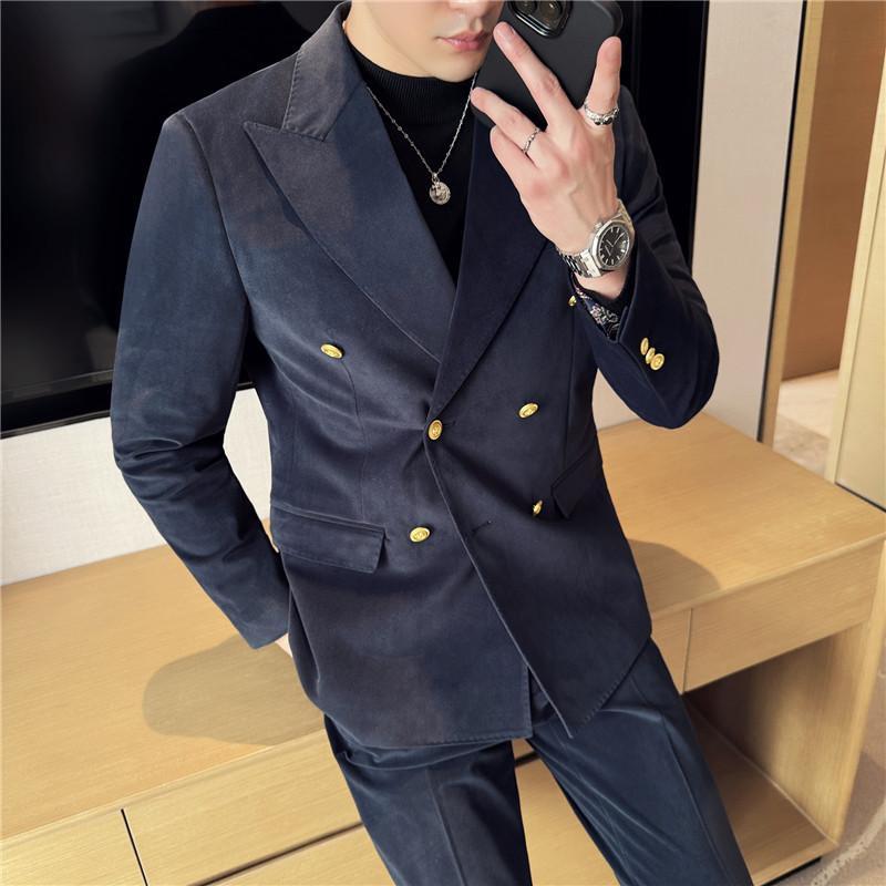 春 コーデ メンズ 用 服 シンプル ファッション オシャレ 大人 かっこいい 大きいサイズ ストリート 紳士服 スーツ 結婚式 ダブル スリット ダーク テクスチャー ポインテッドカラー ジャケット単品|リコット