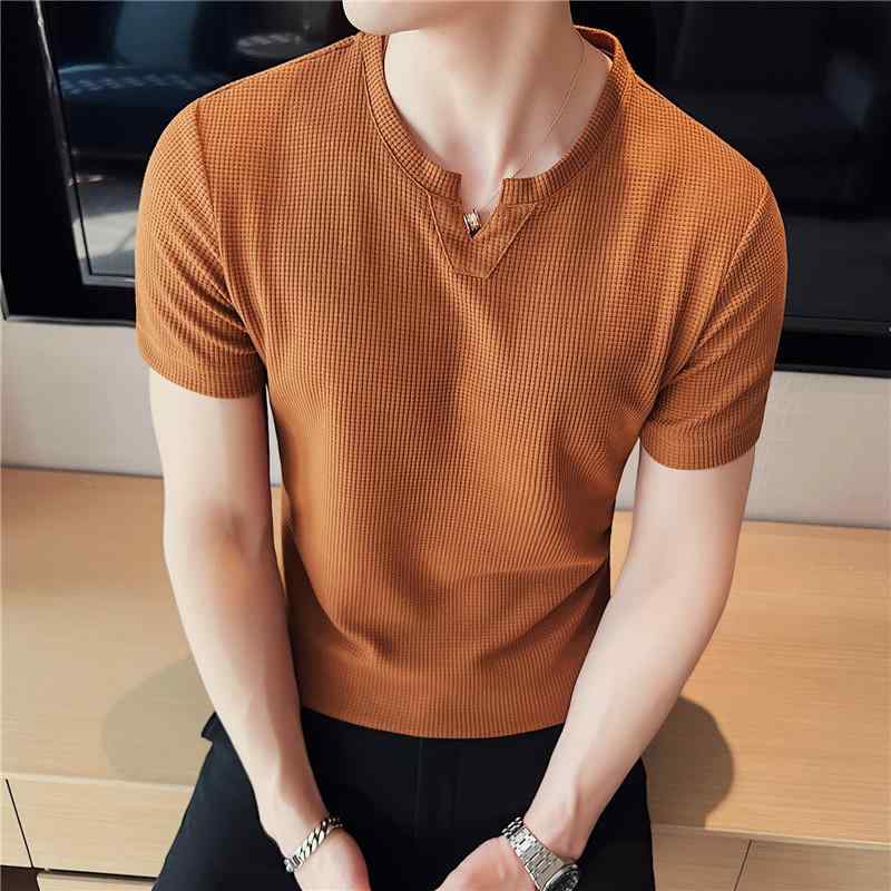 春 コーデ メンズ 用 服 シンプル ファッション オシャレ 大人 かっこいい 大きいサイズ ストリート 紳士服 ワッフル 半袖 T シャツ ハイエンド 通気性 薄手 スリムフィット 無地 Vネック