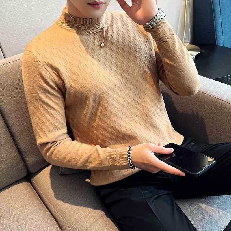 春 コーデ メンズ 用 服 シンプル ファッション オシャレ 大人 かっこいい 大きいサイズ ストリート 紳士服 ハーフ タートルネックセーター ハイエンド スリムフィット ソリッドカラー チェック柄 ニットプルオーバー セーター