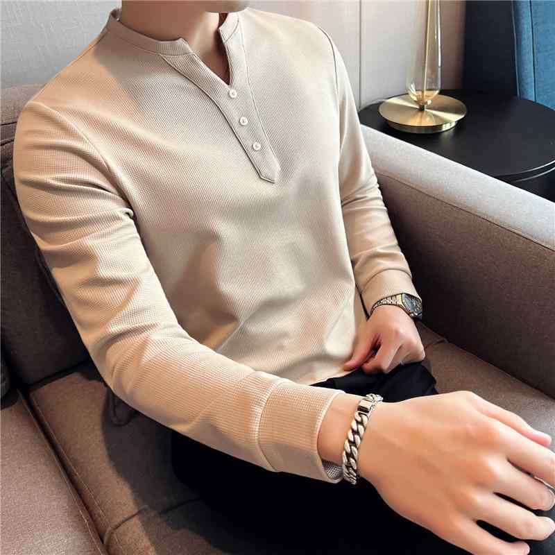 春 コーデ メンズ 用 服 シンプル ファッション オシャレ 大人 かっこいい 大きいサイズ ストリート 紳士服 ワッフル 長袖 T シャツVネック ハイエンド 上着