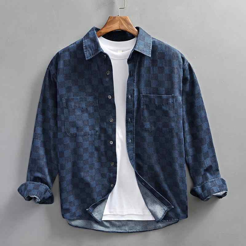 春 コーデ メンズ 用 服 シンプル ファッション オシャレ 大人 かっこいい 大きいサイズ ストリート 紳士服 アメリカン レトロ ウォッシュ ダイ チェック柄 デニム シャツ 長袖 カジュアル コットン シャツ ジャケット