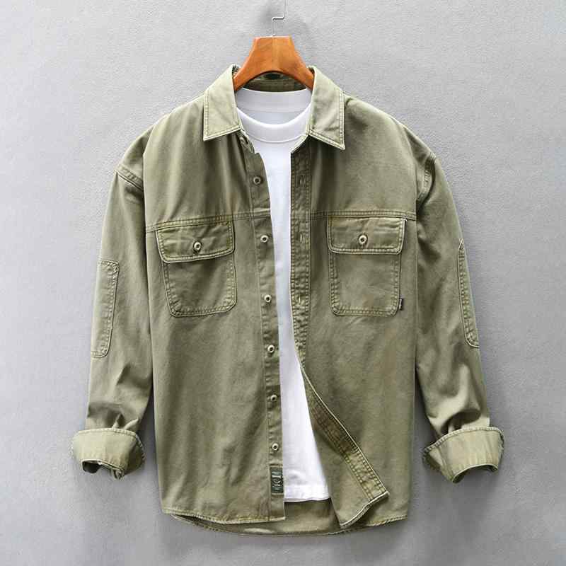 春 コーデ メンズ 用 服 シンプル ファッション オシャレ 大人 かっこいい 大きいサイズ ストリート 紳士服 アメリカン レトロ ヘビー ワーク シャツ 軍服 タフ アーミーグリーン カジュアル 長袖 シャツ ジャケット