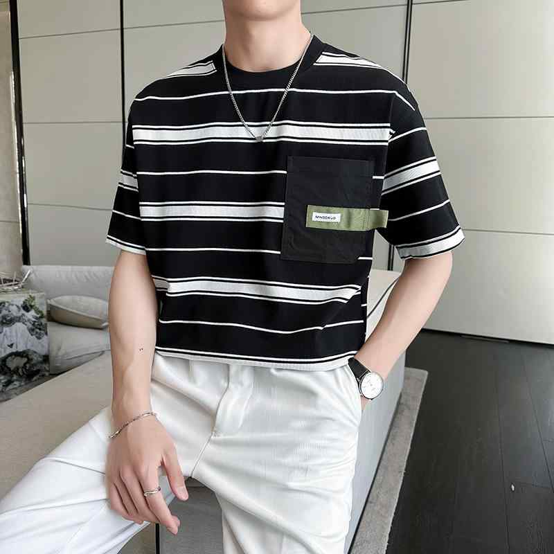春 コーデ メンズ 用 服 シンプル ファッション オシャレ 大人 かっこいい 大きいサイズ ストリート 紳士服 ストライプ 半袖 T シャツ 薄手 ポケット アメリカン ゆったり カジュアル 快適
