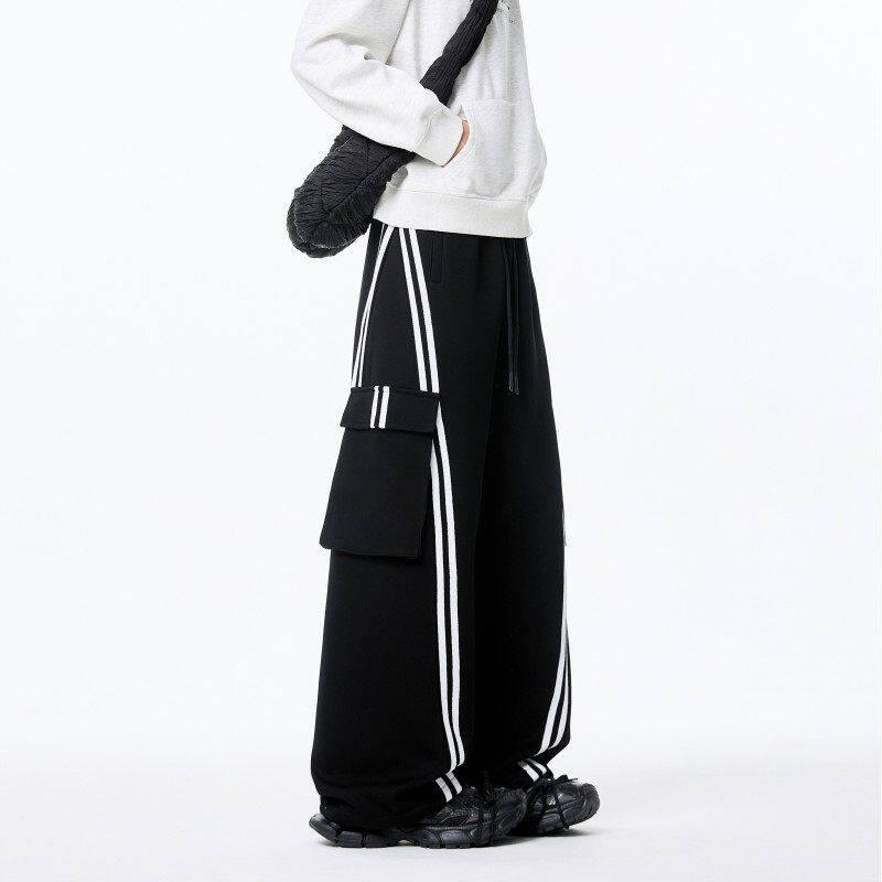 春 コーデ メンズ 用 服 シンプル ファッション オシャレ 大人 かっこいい 大きいサイズ ストリート 紳士服 ストライプ ウェビング パンツ ストレート ワイド レッグ アメリカン