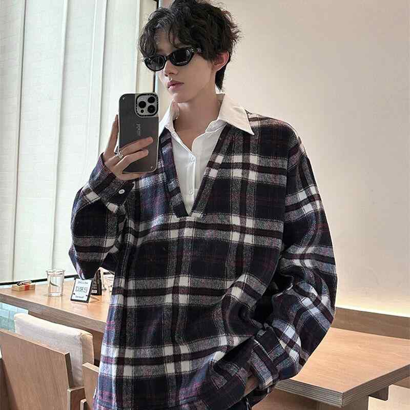 春 コーデ メンズ 用 服 シンプル ファッション オシャレ 大人 かっこいい 大きいサイズ ストリート 紳士服 フェイク ツーピース チェック柄 スウェット シャツ ハイエンド ウェア シャツ ジャケット カジュアル ｜リコット