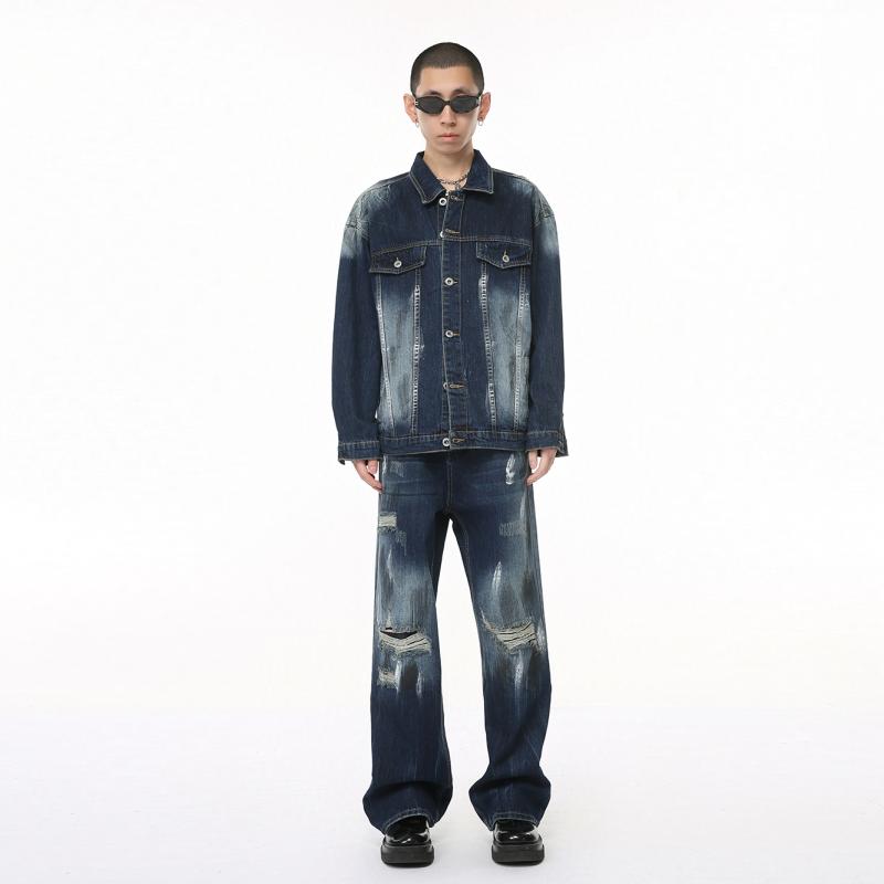 春 コーデ メンズ 用 服 シンプル ファッション オシャレ 大人 かっこいい 大きいサイズ ストリート 紳士服 ストリート グラフィティ ウォッ シュ デニム ジャケット スーツ ミッドウエスト パッチ ワイド レッグ パンツ