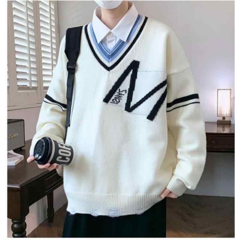 春 コーデ メンズ 用 服 シンプル ファッション オシャレ 大人 かっこいい 大きいサイズ ストリート 紳士服 ドロップ ショルダー スリーブ セーター Vネック ジャケット 服 カレッジ プルオーバー