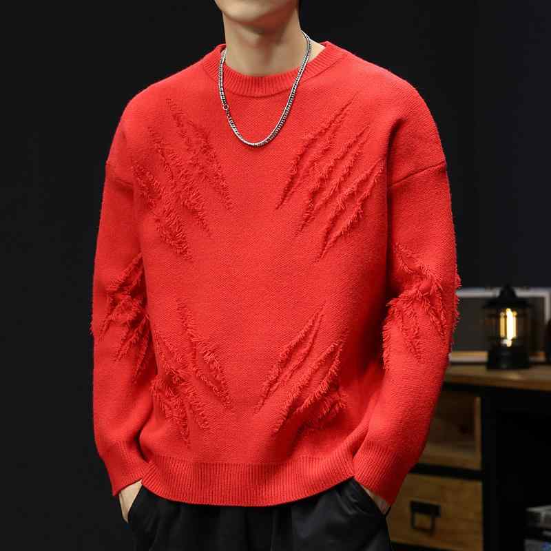 春 コーデ メンズ 用 服 シンプル ファッション オシャレ 大人 かっこいい 大きいサイズ ストリート 紳士服 赤 セーター ラウンドネック トレーナー