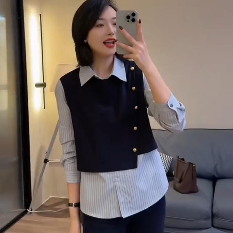 春 コーデ レディース ファッション オシャレ アイテム カワイイ コーデ シンプル きれい ナチュラル 上品カジュアル 用 フェイク ツーピース ベスト トップス ストライプ 長袖 シャツ ウエスタンシャツ