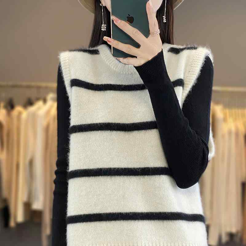 春 コーデ レディース ファッション オシャレ アイテム カワイイ コーデ シンプル きれい ナチュラル 上品カジュアル 用 黒 ホワイト ストライプ ウール セーター ラウンドネック ベスト スタック ニット トップス |リコット