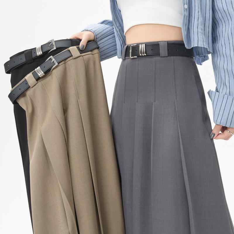 春 コーデ レディース ファッション オシャレ アイテム カワイイ コーデ シンプル きれい ナチュラル 上品カジュアル 用 グレー スーツ プリーツ加工 スカート ドレープ Aライン ロング丈 スカート ハイウエスト