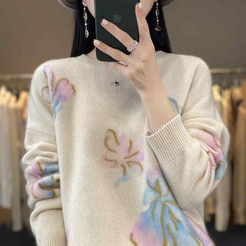 春 コーデ レディース 流行り物 オシャレ カワイイ   分かりやすい 好いたらしいめ 自然的 雅びやか心地よい お上さん服 ラウンドのど首 羊毛 スウェーター 気が大きい大きさ プルオーバー