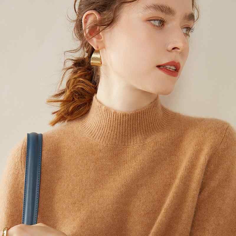春 コーデ レディース ファッション オシャレ カワイイ シンプル きれいめ ナチュラル 上品カジュアル 婦人服 防寒 ハーフ タートル カラー ソリッドカラー セーター 長袖 ハイエンド ニット レイヤリング シャツ