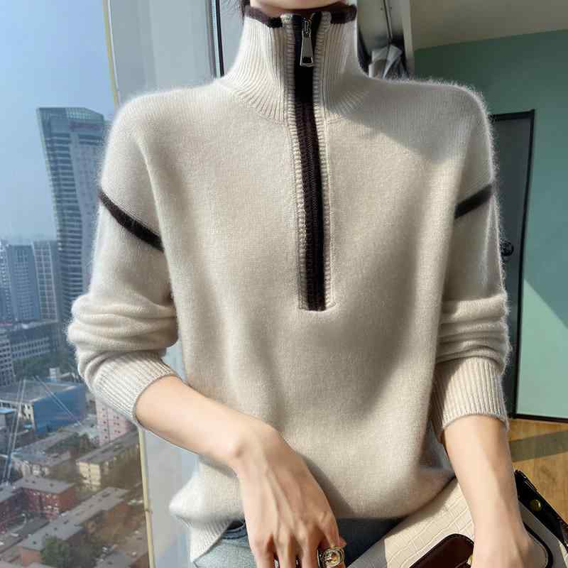 春 コーデ レディース ファッション オシャレ カワイイ シンプル きれいめ ナチュラル 上品カジュアル 婦人服 ジッパー ウール セーター ゆったり シャツ 長袖 スリム コントラスト