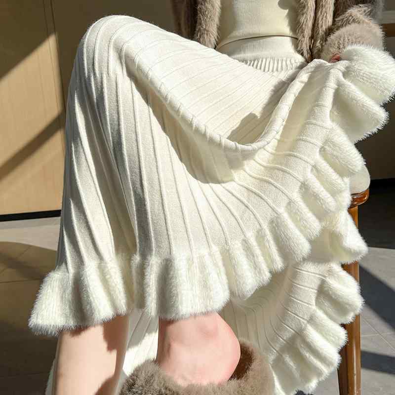 春 コーデ レディース ファッション オシャレ カワイイ シンプル きれいめ ナチュラル 上品カジュアル 婦人服 オフホワイト 厚手 ニット スカート ミドル丈 ハイウエスト スリム 裾 Aライン プリーツスカート