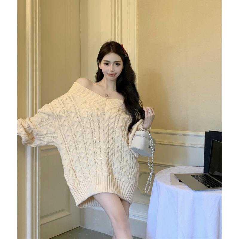 春 コーデ レディース 流行り物 オシャレ カワイイ   分かりやすい 好いたらしいめ 自然的 雅びやか心地よい お上さん服 ホンブルグ帽 朦々たる 捻じれ ティーシャツ Vのど首 スウェーター オフショルダー 真っただ中丈 編み物 トップス