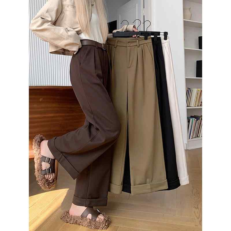 春 コーデ レディース ファッション オシャレ カワイイ シンプル きれいめ ナチュラル 上品カジュアル 婦人服 ブラウン 厚手 ウール スーツ ワイドレッグ パンツ ハイウエスト ゆったり 九分丈 カジュアル