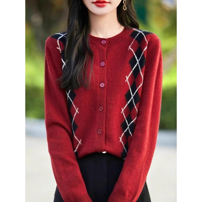 春 コーデ レディース ファッション オシャレ カワイイ シンプル きれいめ ナチュラル 上品カジュアル 婦人服 ニット カーディガン クラシック ジャカード 防寒 セーター ジャケット ラウンドネック カジュアル トップス