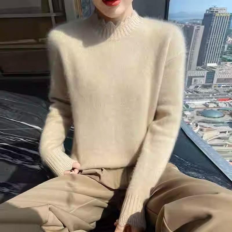 春 コーデ レディース ファッション オシャレ カワイイ シンプル きれいめ ナチュラル 上品カジュアル 婦人服 ハーフ タートルネック セーター 厚手 ベース レース カラー ウール セーター トップス