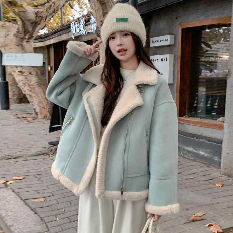 春 コーデ レディース ファッション オシャレ カワイイ シンプル きれいめ ナチュラル 上品カジュアル 婦人服 ラム ファーコート ハイエンド 厚手 防寒 ジャケット トップス |リコット
