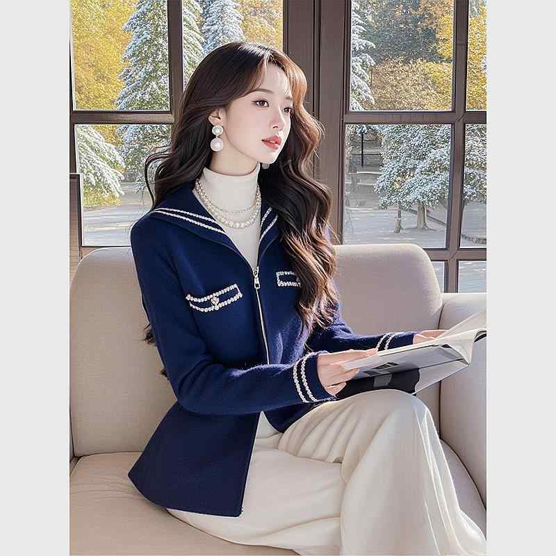 春 コーデ レディース ファッション オシャレ カワイイ シンプル きれいめ ナチュラル 上品カジュアル 婦人服 シック ネイビーブルー セーター ジャケット ネイビーカラー ジッパー ニット カーディガン 5,467円