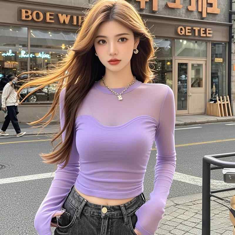 春 コーデ レディース ファッション オシャレ カワイイ シンプル きれいめ ナチュラル 上品カジュアル 婦人服 フレンチ ラウンドネック 長袖 インナー レイヤリング シャツ スリムフィット ハイエンド T トップス