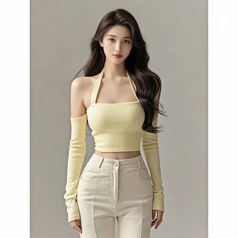春 コーデ レディース ファッション オシャレ カワイイ シンプル きれいめ ナチュラル 上品カジュアル 婦人服 インナー 長袖 トップス 黄色 ホルターネック ニット スリム レイヤリング シャツ