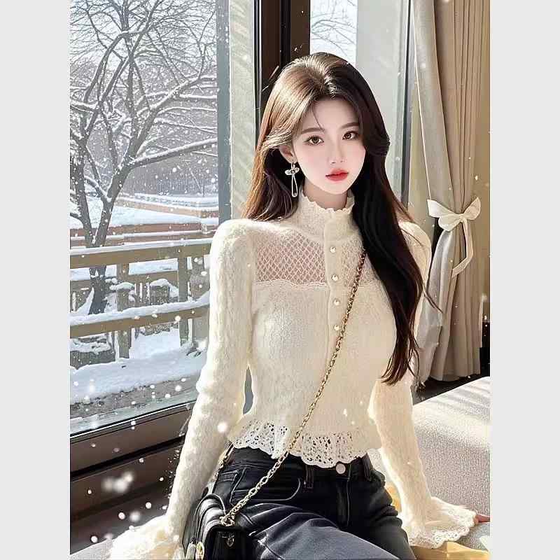 春 コーデ レディース ファッション オシャレ カワイイ シンプル きれいめ ナチュラル 上品カジュアル 婦人服 フレンチ風 レース ハーフ タートルネック ベルスリーブシャツ 通勤ウェア ウェア ウエスト スリム 長袖 トップス