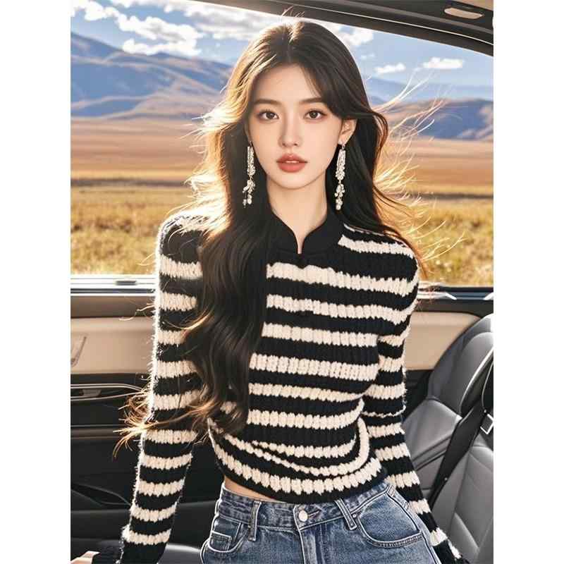 春 コーデ レディース ファッション オシャレ カワイイ シンプル きれいめ ナチュラル 上品カジュアル 婦人服 スタンドカラー ストライプ ハイエンド ニット レイヤリング シャツ セーター 長袖 トップス