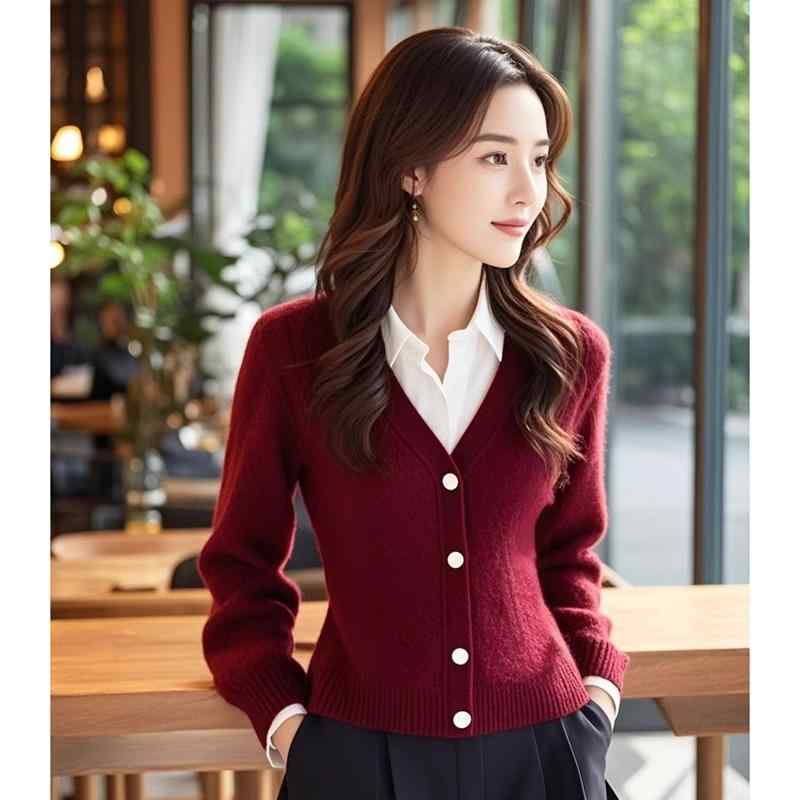 春 コーデ レディース ファッション オシャレ カワイイ シンプル きれいめ ナチュラル 上品カジュアル 婦人服 トップス ハイエンド ワイン レッド フェイク ツーピース ニット セーター