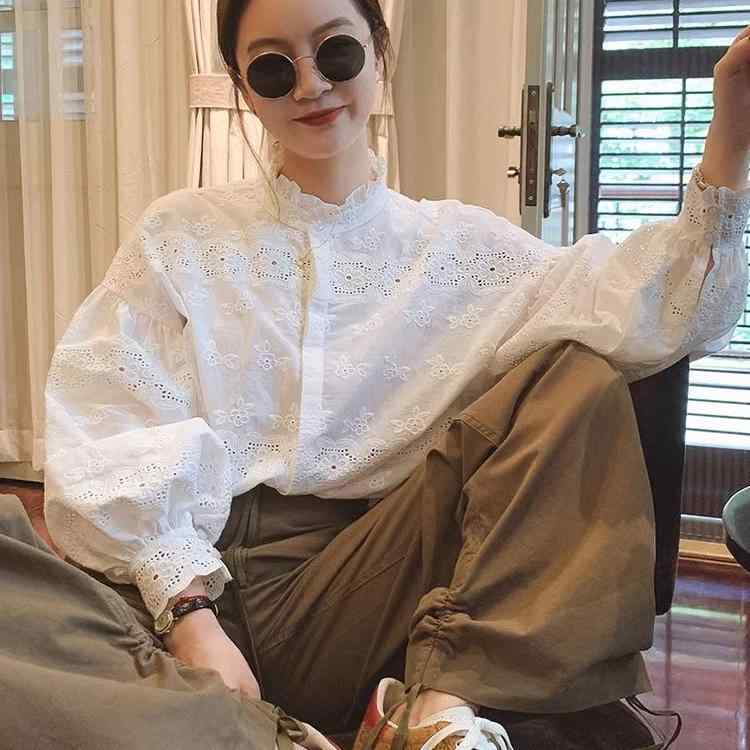 春 コーデ レディース ファッション オシャレ カワイイ シンプル きれいめ ナチュラル 上品カジュアル 婦人服 フレンチ パフスリーブ トップス シック 白 シャツ 長袖 スタンドカラー