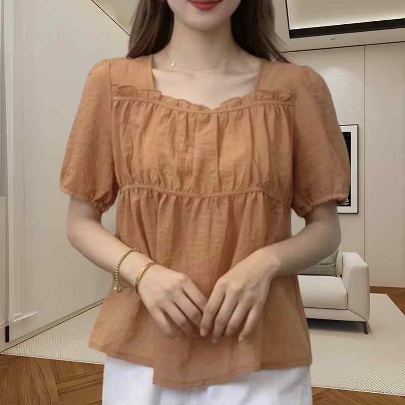 春 コーデ レディース ファッション オシャレ カワイイ シンプル きれいめ ナチュラル 上品カジュアル 婦人服 半袖 シフォンシャツ 夏 スクエアネック プリーツ トップス