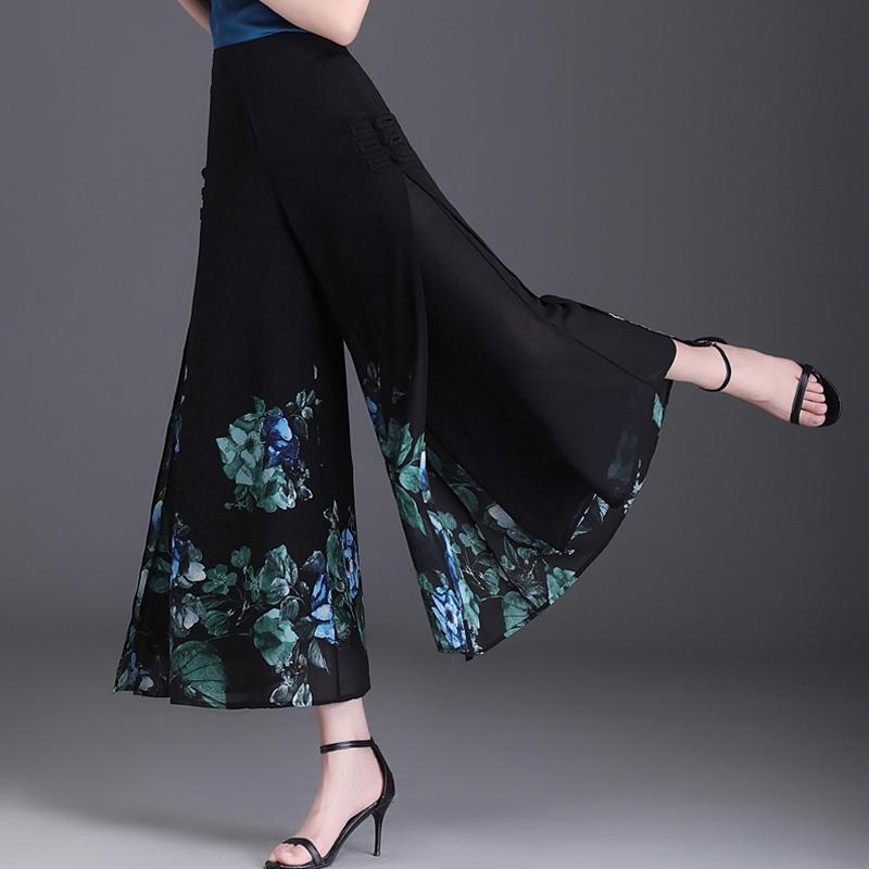 春 コーデ レディース ファッション オシャレ カワイイ シンプル きれいめ ナチュラル 上品カジュアル 婦人服 シフォン ワイド パンツ 薄手 花柄 ゆったり ハイウエスト スリム クラシック 九分丈