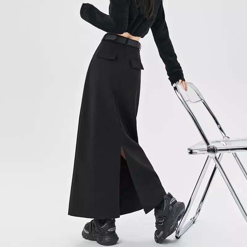 春 コーデ レディース ファッション オシャレ カワイイ シンプル きれいめ ナチュラル 上品カジュアル 婦人服 黒 ウール スカート ハイウエスト ストレート スリット Aライン ロング スカート