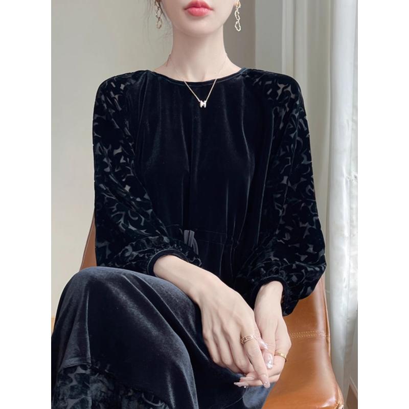 春 コーデ レディース ファッション オシャレ カワイイ シンプル きれいめ ナチュラル 上品カジュアル 婦人服 ハイエンド 黒 ドレス ラウンドネック 七分袖 スリミング ブラック スカート