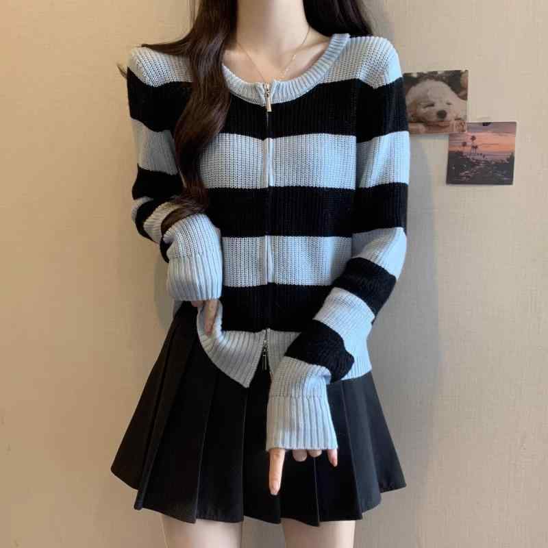 春 コーデ レディース ファッション オシャレ カワイイ シンプル きれいめ ナチュラル 上品カジュアル 婦人服 ストライプ セーター 大きいサイズ 長袖 ニット カーディガン ジャケット ダブル ジッパー トップス