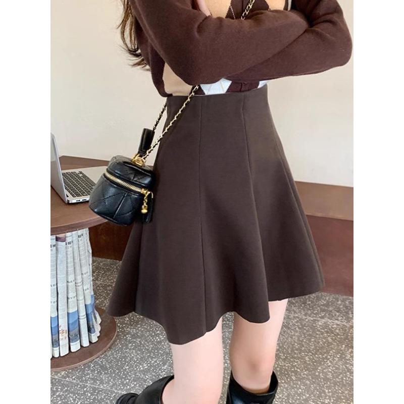 春 コーデ レディース ファッション オシャレ カワイイ シンプル きれいめ ナチュラル 上品カジュアル 婦人服 スリム カバー ハイウエスト 大きいサイズ 黒 茶色 プリーツ ウール スカート ハーフ |リコット