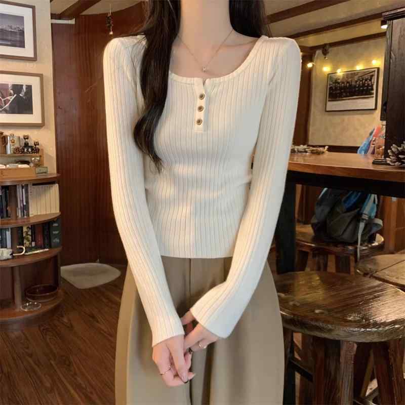 春 コーデ レディース 流行り物 オシャレ カワイイ   分かりやすい 好いたらしいめ 自然的 雅びやか心地よい お上さん服 フレンチ風真四角 のど首 か細い 長袖 トップス 編み物 スウェーター 心地よい 肌付きお召しもの