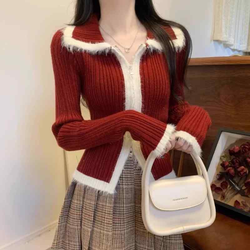 春 コーデ レディース 流行り物 オシャレ カワイイ   分かりやすい 好いたらしいめ 自然的 雅びやか心地よい お上さん服 赤 ファスナー スウェーター 肌付きお召しもの トップス クリスマス 軍事基地 度合い