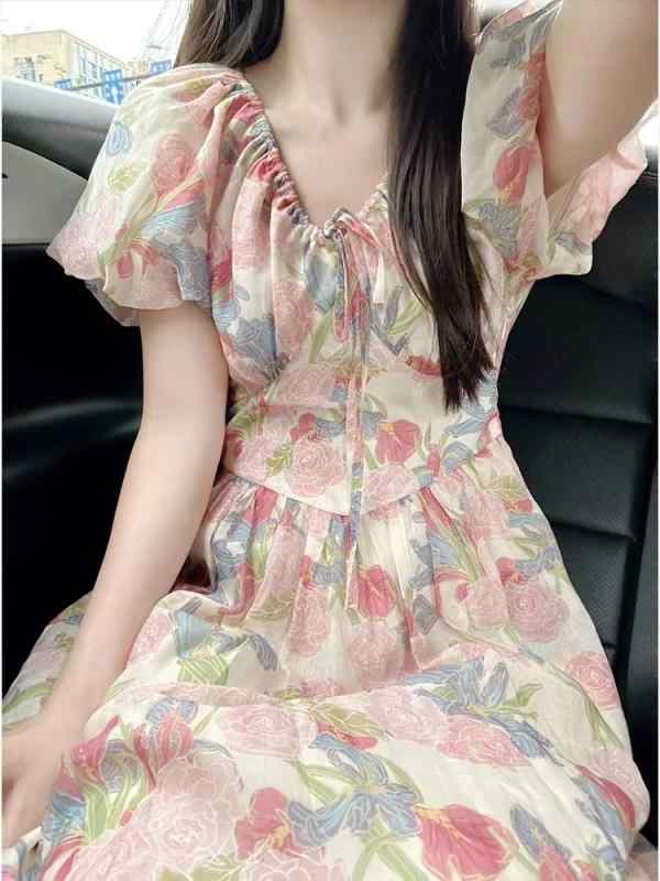 春 コーデ レディース ファッション オシャレ カワイイ シンプル きれいめ ナチュラル 上品カジュアル 婦人服 夏 フレンチ スリーブ ピンク ドレス スリム フェアリー 花柄 ロング