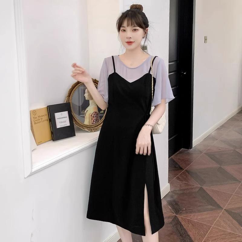 春 コーデ レディース ファッション オシャレ カワイイ シンプル きれいめ ナチュラル 上品カジュアル 婦人服 フェイク ツーピース ドレス 夏 カバー スリム スリット ブラック
