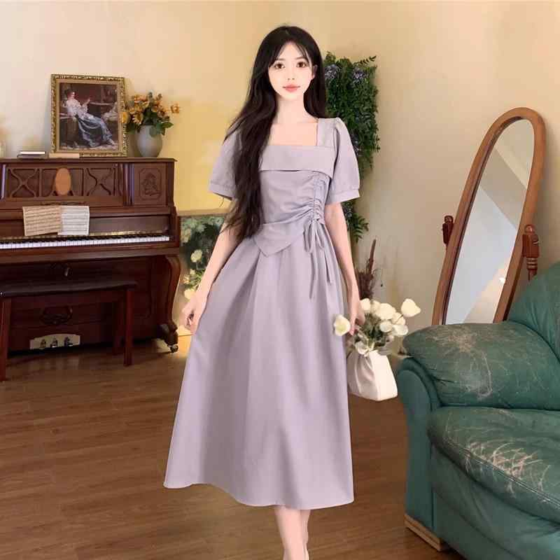 春 コーデ レディース ファッション オシャレ カワイイ シンプル きれいめ ナチュラル 上品カジュアル 婦人服 フレンチ パープル ドレス 夏 ウエスト スリム フェイク ツーピース ロング スカート