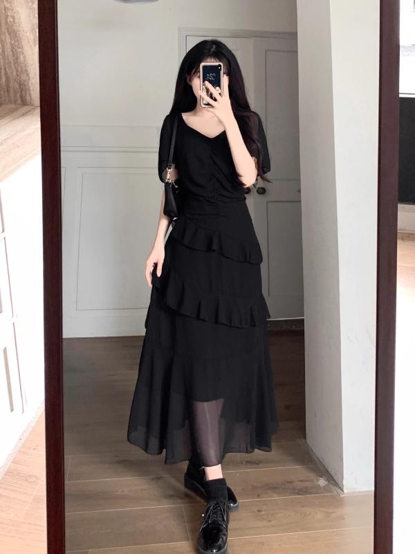 春 コーデ レディース ファッション オシャレ カワイイ シンプル きれいめ ナチュラル 上品カジュアル 婦人服 大きいサイズ フレンチ クラシック ヘボン ブラック ドレス サマー ウエスト スリム シフォン ロング スカート