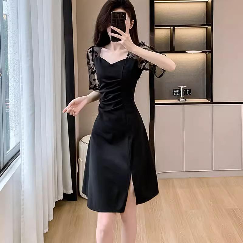 春 コーデ レディース ファッション オシャレ カワイイ シンプル きれいめ ナチュラル 上品カジュアル 婦人服 フレンチ クラシック メッシュ ブラック ドレス 夏 大きいサイズ ウエスト スリム ミドル丈 スクエアネック