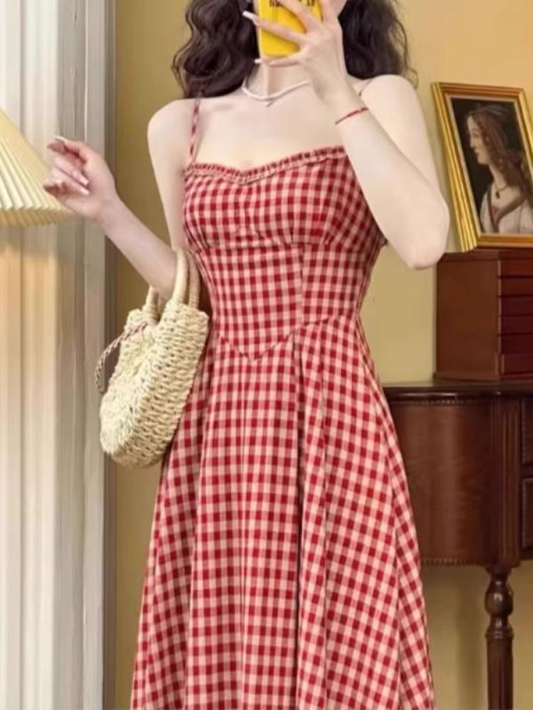 春 コーデ レディース ファッション オシャレ カワイイ シンプル きれいめ ナチュラル 上品カジュアル 婦人服 フレンチ チェック柄 ワンピース ドレス 夏 クラシック ティーブレイク ロング