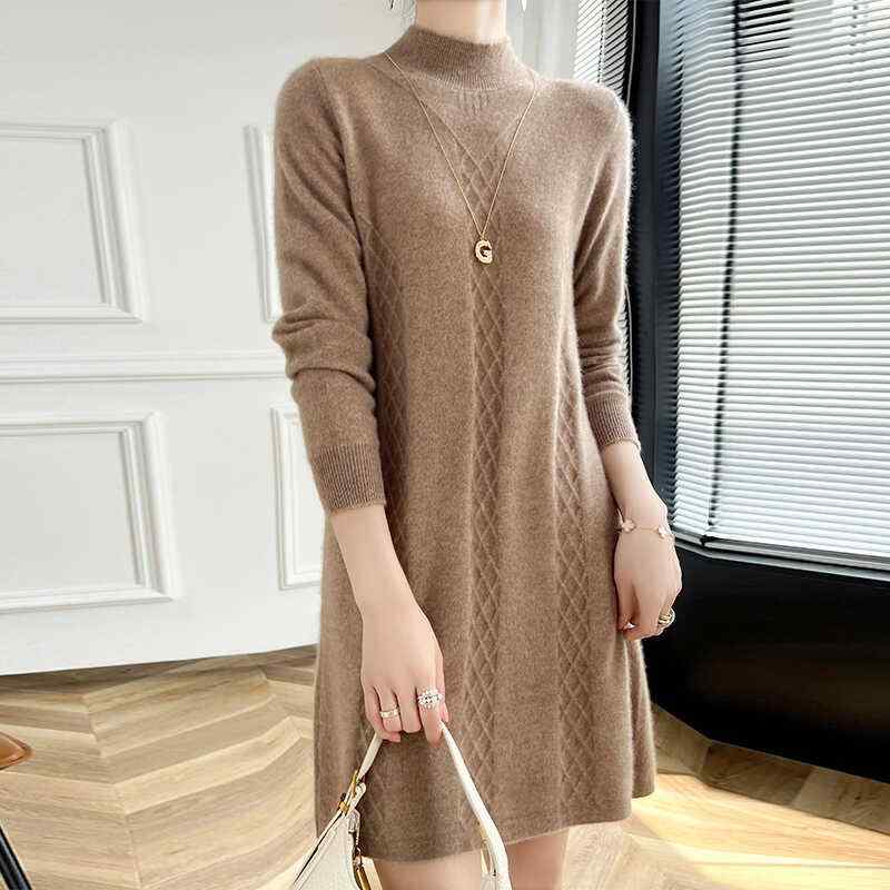 春 コーデ レディース ファッション オシャレ カワイイ シンプル きれいめ ナチュラル 上品カジュアル 婦人服 ハーフ タートルネック ジャカード ウール スカート ドレス ミドル丈 セーター ニット