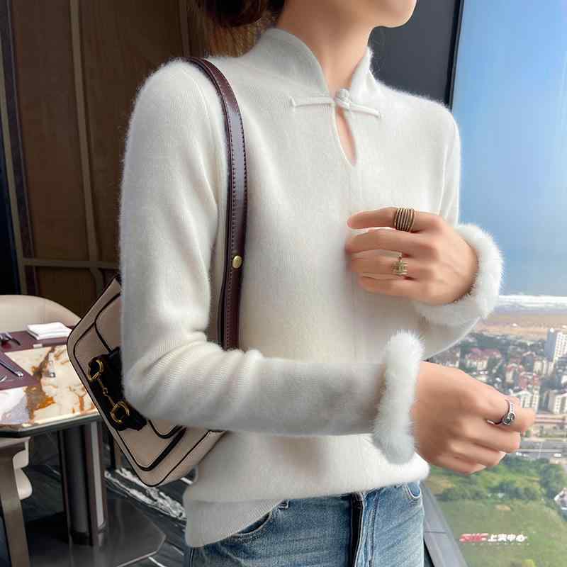 春 コーデ レディース ファッション オシャレ カワイイ シンプル きれいめ ナチュラル 上品カジュアル 婦人服 セーター バックル プルオーバー ファー 袖 ウール スリム ニット レイヤリング シャツ