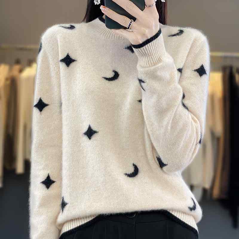 春 コーデ レディース ファッション オシャレ カワイイ シンプル きれいめ ナチュラル 上品カジュアル 婦人服 ジャカード ウール セーター ハーフ タートルネック プルオーバー ニット レイヤリング シャツ トップス ｜リコット