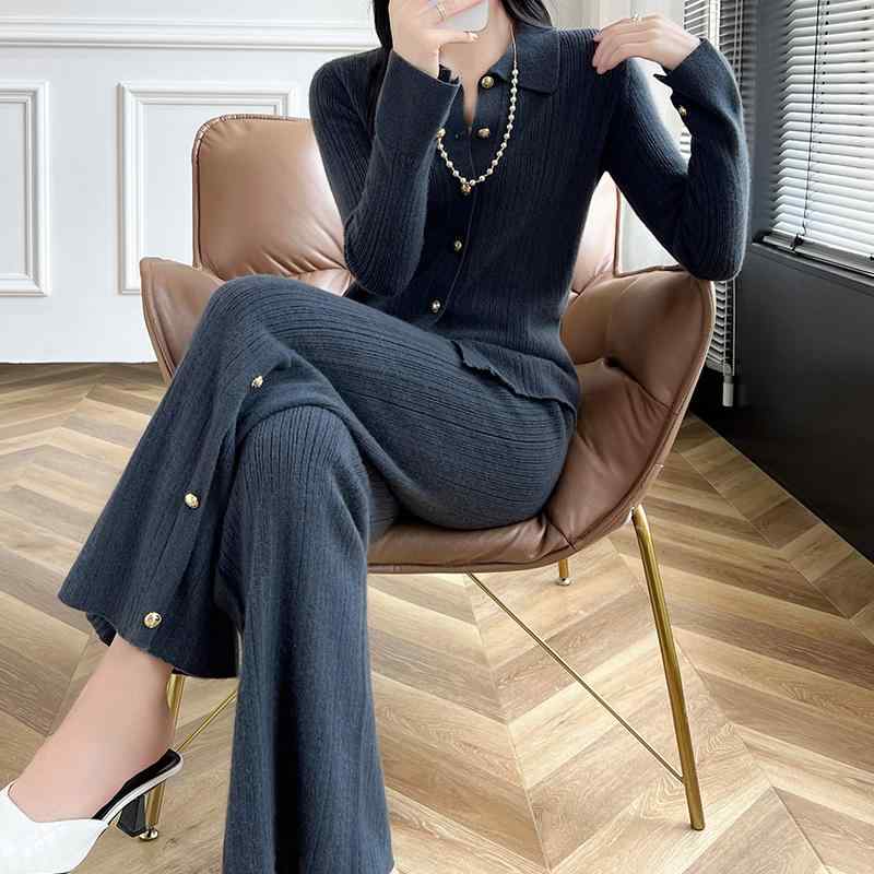 春 コーデ レディース 流行り物 オシャレ カワイイ   分かりやすい 好いたらしいめ 自然的 雅びやか心地よい お上さん服 絨毛 背広 ポロ襟 スウェーター 上衣 編み物 ジレー ワイドレッグ ズボン下 レディースファッション-その他
