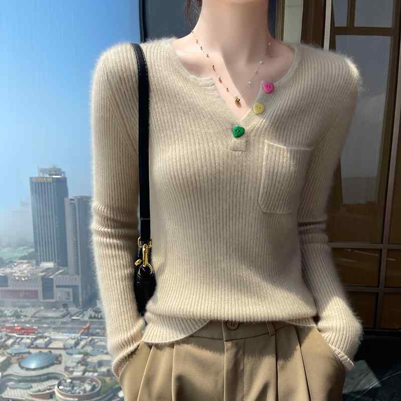 春 コーデ レディース ファッション オシャレ カワイイ シンプル きれいめ ナチュラル 上品カジュアル 婦人服 セーター ポケット プルオーバー タイト スリム ウール ニット シャツ